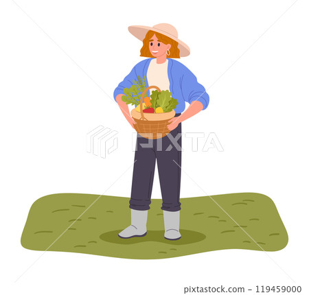 Woman with harvest. Farmer carrying basket with fresh vegetables, female character with veggies crop flat vector illustration. Cartoon farm worker with harvesting crop Woman with harvest. Farmer carrying basket with fresh vegetables, female character with veggies crop flat vector illustration. Cartoon farm worker with harvesting crop 119459000