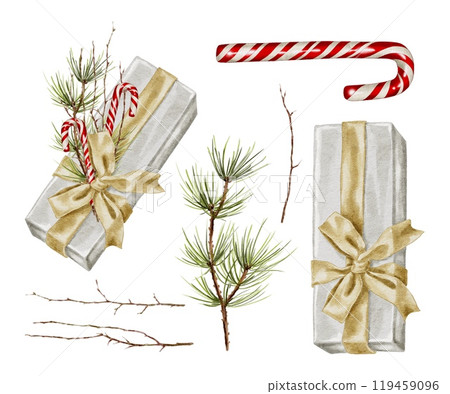 Christmas white gift box with gold bow and pine branch with sugar cane Watercolor set on white. Hand drawn illustration for New Year and winter holidays designs in realistic style. Christmas white gift box with gold bow and pine branch with sugar cane Watercolor set on white. Hand drawn illustration for New Year and winter holidays designs in realistic style. 119459096