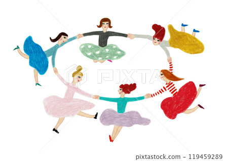 Hand-drawn illustration: Women holding hands in a circle 119459289