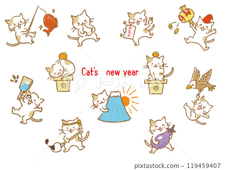 新年幸運符和可愛貓咪的手繪插圖 新年幸運符和可愛貓咪的手繪插圖 119459407