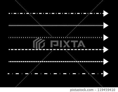 Straight Long Arrow. Navigation elements. Vector flat illustration. Set of white dashed pointers isolated on black background. Simple symbols for measuring Straight Long Arrow. Navigation elements. Vector flat illustration. Set of white dashed pointers isolated on black background. Simple symbols for measuring 119459410
