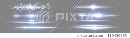 Blue lensflares set. Light flash with rays or blue spotlight. Glow flare light effect. Vector illustration. Isolated on dark transparent background. 119459685