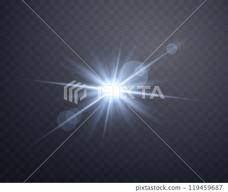 Blue sunlight lens flare, sun flash with rays and spotlight. Glowing burst explosion on a transparent background. Vector illustration. Blue sunlight lens flare, sun flash with rays and spotlight. Glowing burst explosion on a transparent background. Vector illustration. 119459687
