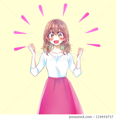 A woman with a bright expression making fists with both hands A woman with a bright expression making fists with both hands 119459737