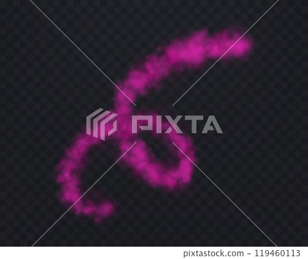 Realistic pink smoke spiral or haze on a transparent background. Magic fog, vapor, smoke line left by flight. Vector illustration. Realistic pink smoke spiral or haze on a transparent background. Magic fog, vapor, smoke line left by flight. Vector illustration. 119460113