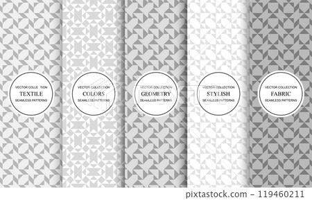 Collection of decorative seamless geometric patterns. White and gray delicate fabric backgrounds. Mosaic endless textures. Cloth textured minimalistic prints Collection of decorative seamless geometric patterns. White and gray delicate fabric backgrounds. Mosaic endless textures. Cloth textured minimalistic prints 119460211