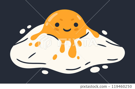 Egg mascot with humorous face. Fried eggs funny character, cute fried eggs emoji flat vector illustration. Comic chicken eggs for breakfast 119460250