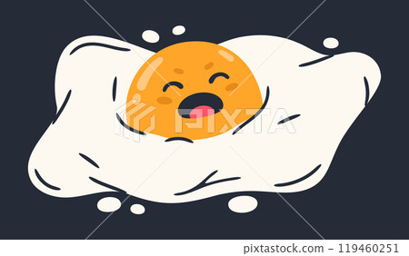 Fried eggs funny character. Cute fried eggs emoji, chicken eggs for breakfast flat vector illustration. Cartoon comic egg mascot with humorous face 119460251