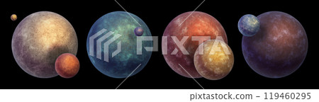3D planet icon set, sci-fi moon space illustration, alien realistic red, yellow, blue globe render.  119460295