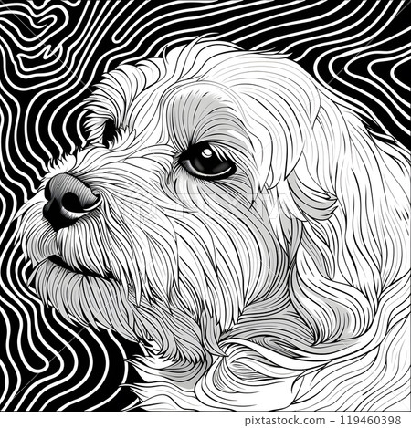 A black and white portrait of a dog showcasing intricate line work against a swirling background 119460398
