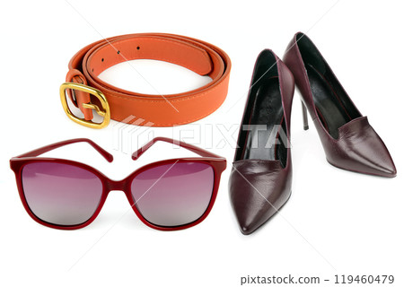 Sunglasses, Elegant women's shoes and leather belt isolated on white. Collage. 119460479