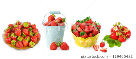 Ripe strawberries in a decorative bucket and bowl isolated on white. Collage. Free space for text. Wide photo. 119460481