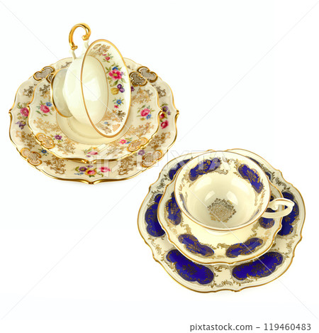 Vintage porcelain cups and saucer isolated on white. Collage. Free space for text. Vintage porcelain cups and saucer isolated on white. Collage. Free space for text. 119460483