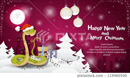 Illustration of the New Year and Christmas A snake wrapped in garlands in a snowy clearing among the trees 119460500