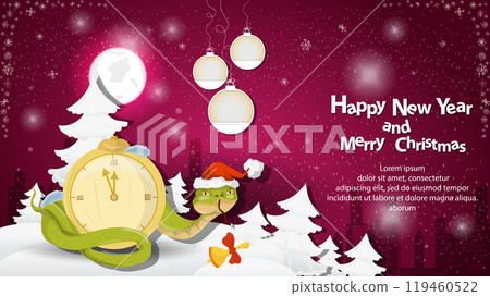 Illustration of the New Year and Christmas A snake wraps around a clock in a snowy clearing among the trees 119460522