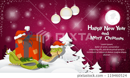 Illustration of the New Year and Christmas A snake wraps around a gift box in a snowy clearing among the trees 119460524