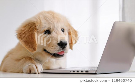 Golden retriever puppy looking at a laptop on a desk Golden retriever puppy looking at a laptop on a desk 119460740