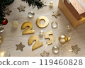 Festive background wit numbers 2025 Christmas tree gift. Greeting card or banner for New Year holidays. 119460828