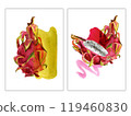 Pitaya slices, bright pink watercolor stain. Hand drawn watercolor illustration of ripe exotic dragon fruit for background, card, design 119460830