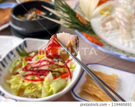 Korean raw seafood. Abalone sashimi 119460891