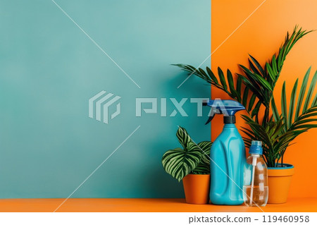 Houseplants in pots and spray bottle on orange and blue background 119460958