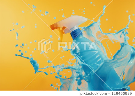 Spray bottle with blue liquid splash on yellow background. Cleaning concept 119460959