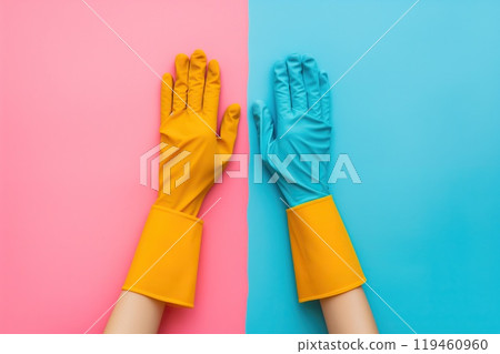 Cropped view of female hands in rubber gloves on blue and pink background 119460960