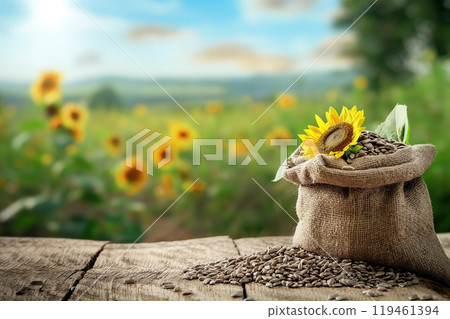 Sunflower seeds in burlap bag on wooden table in front of sunflowers field 119461394