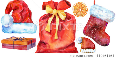 Christmas Santa red hat, bag, ball and sock for gift, watercolor illustration 119461461