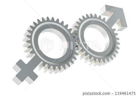 Gears with female and male symbols. Relationships between man and woman, concept. 3D rendering Gears with female and male symbols. Relationships between man and woman, concept. 3D rendering 119461475