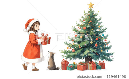 Girl in Santa costume │ Dog and present │ Cute Christmas illustration Girl in Santa costume │ Dog and present │ Cute Christmas illustration 119461498