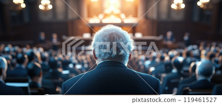 A group of professionals at a conference, with a focus on a speaker at the forefront, highlighting engagement and discourse. 119461527