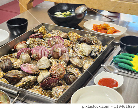 Korean Seafood Food. Steamed oysters and clams Korean Seafood Food. Steamed oysters and clams 119461659