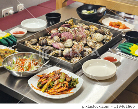 Korean Seafood Food. Steamed oysters and clams Korean Seafood Food. Steamed oysters and clams 119461660
