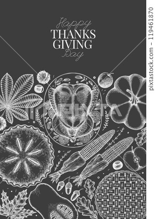 Vector Hand Drawn Chalk Board Thanksgiving Menu Design Template. Festive Food Illustration. Vintage Style Family Dinner Background 119461870