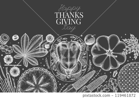Vector Hand Drawn Chalk Board Thanksgiving Menu Design Template. Festive Food Illustration. Vintage Style Family Dinner Background Vector Hand Drawn Chalk Board Thanksgiving Menu Design Template. Festive Food Illustration. Vintage Style Family Dinner Background 119461872