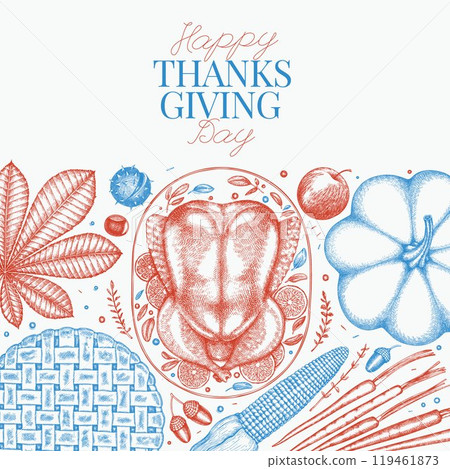 Vector Hand Drawn Thanksgiving Menu Design Template. Festive Food Illustration. Vintage Style Family Dinner Background 119461873