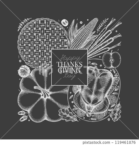 Vector Hand Drawn Chalk Board Thanksgiving Menu Design Template. Festive Food Illustration. Vintage Style Family Dinner Background 119461876