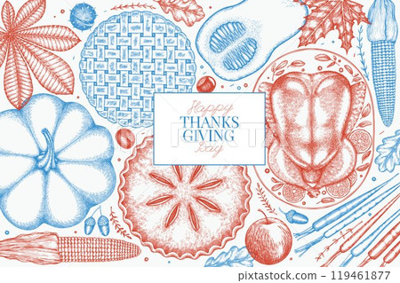 Vector Hand Drawn Thanksgiving Menu Design Template. Festive Food Illustration. Vintage Style Family Dinner Background 119461877