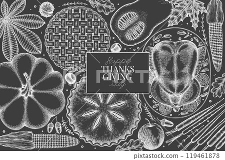 Vector Hand Drawn Chalk Board Thanksgiving Menu Design Template. Festive Food Illustration. Vintage Style Family Dinner Background 119461878