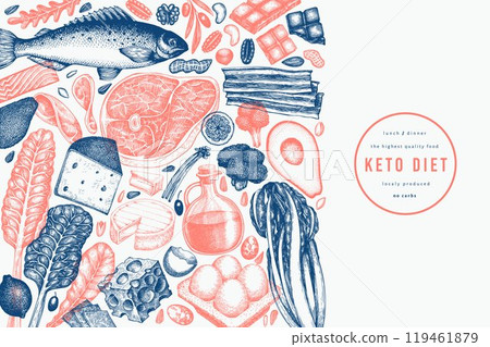 Keto Diet Design Template. Vector Hand Drawn Healthy Food Banner. Vintage Style Ketogenic Menu Illustration. 119461879