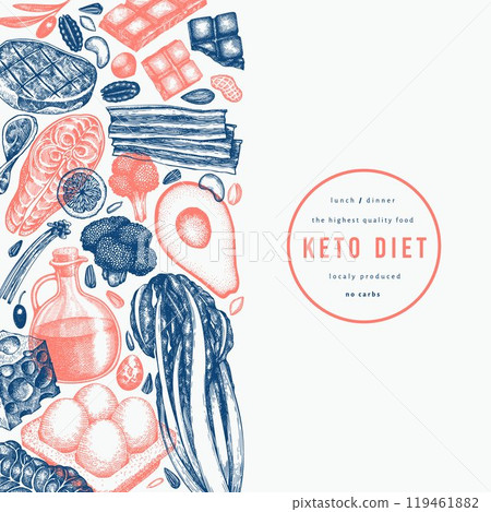 Keto Diet Design Template. Vector Hand Drawn Healthy Food Banner. Vintage Style Ketogenic Menu Illustration. 119461882