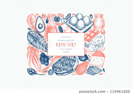 Keto Diet Design Template. Vector Hand Drawn Healthy Food Banner. Vintage Style Ketogenic Menu Illustration. 119461888
