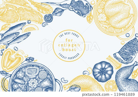 Collagen Diet Design Template. Vector Hand Drawn Healthy Food Banner. Vintage Style Collagen Bust Menu Illustration. Collagen Diet Design Template. Vector Hand Drawn Healthy Food Banner. Vintage Style Collagen Bust Menu Illustration. 119461889