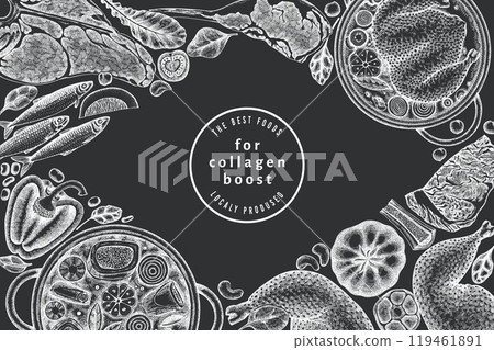 Collagen Diet Chalk Board Design Template. Vector Hand Drawn Healthy Food Banner. Vintage Style Collagen Bust Menu Illustration. Collagen Diet Chalk Board Design Template. Vector Hand Drawn Healthy Food Banner. Vintage Style Collagen Bust Menu Illustration. 119461891