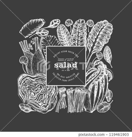 Green Vegetable Design Template. Vector Hand Drawn Healthy Leaf Salad Banner. Vintage Style Menu IllustrationOn Chalk Board. 119461903