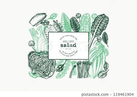 Green Vegetable Design Template. Vector Hand Drawn Healthy Leaf Salad Banner. Vintage Style Menu Illustration. 119461904