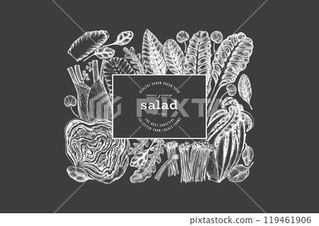 Green Vegetable Design Template. Vector Hand Drawn Healthy Leaf Salad Banner. Vintage Style Menu IllustrationOn Chalk Board. Green Vegetable Design Template. Vector Hand Drawn Healthy Leaf Salad Banner. Vintage Style Menu IllustrationOn Chalk Board. 119461906