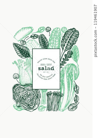 Green Vegetable Design Template. Vector Hand Drawn Healthy Leaf Salad Banner. Vintage Style Menu Illustration. 119461907