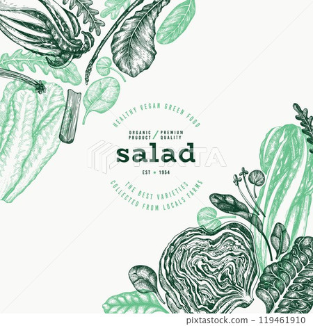 Green Vegetable Design Template. Vector Hand Drawn Healthy Leaf Salad Banner. Vintage Style Menu Illustration. 119461910